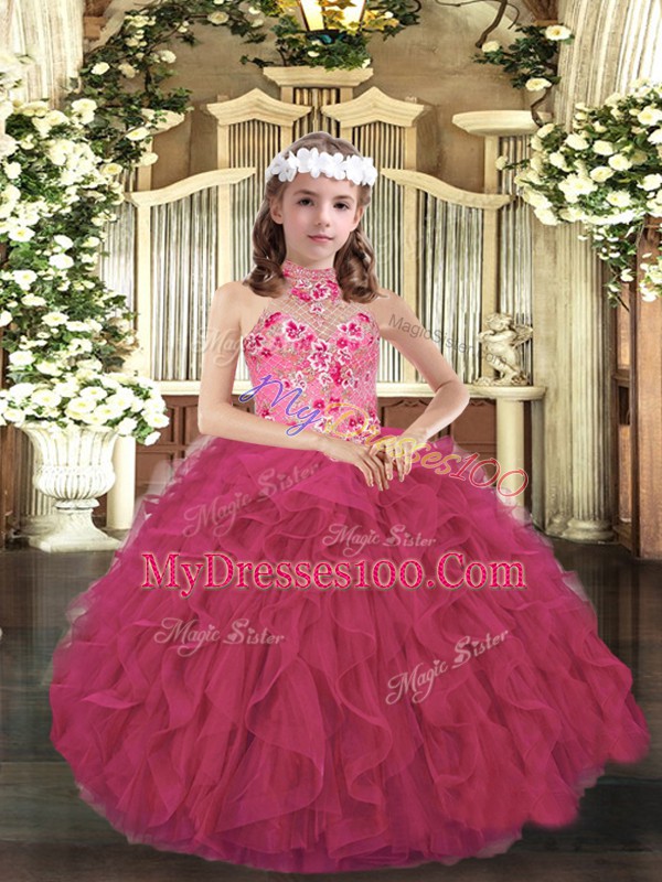 Perfect Hot Pink Halter Top Lace Up Appliques and Ruffles Girls Pageant Dresses Sleeveless
