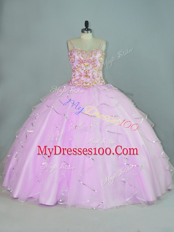 Lilac Tulle Lace Up Sweet 16 Dresses Sleeveless Floor Length Ruffles