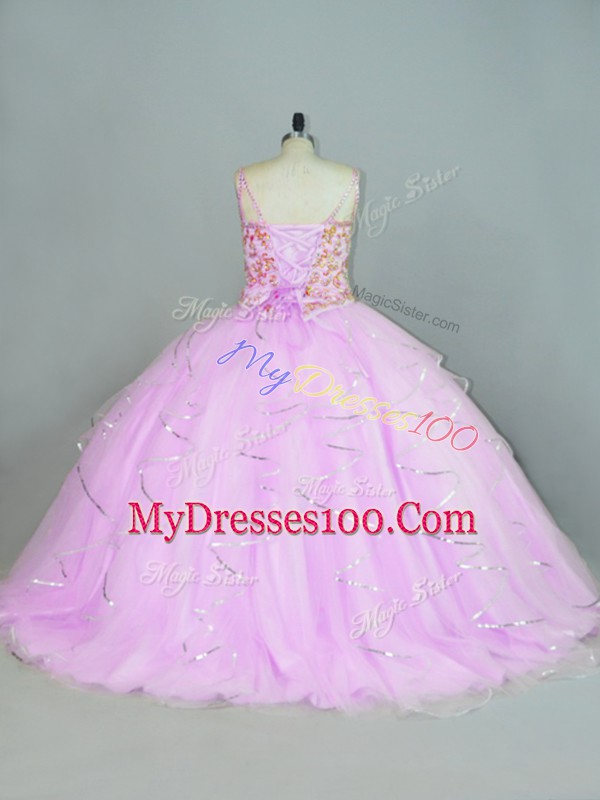 Lilac Tulle Lace Up Sweet 16 Dresses Sleeveless Floor Length Ruffles