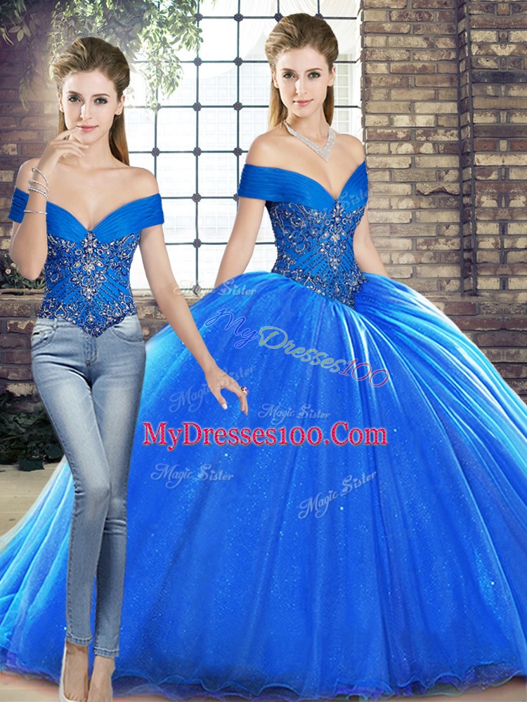 Flare Sleeveless Brush Train Lace Up Beading Quinceanera Dress