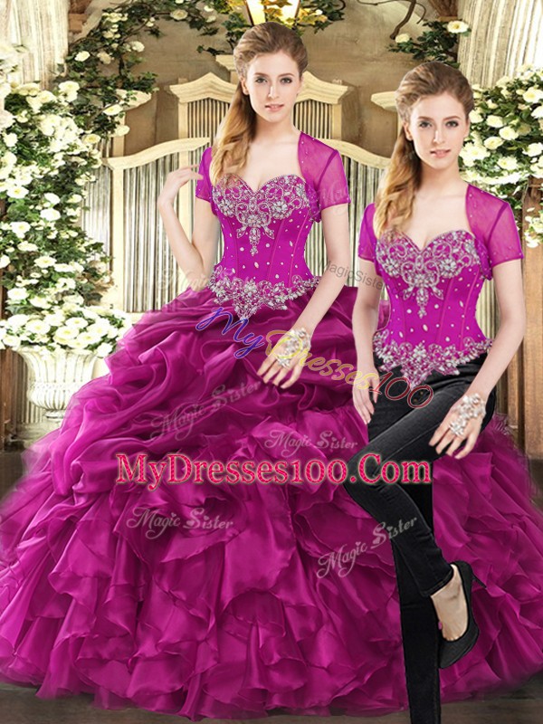 Customized Sweetheart Sleeveless 15 Quinceanera Dress Floor Length Beading and Ruffles and Pick Ups Fuchsia Organza