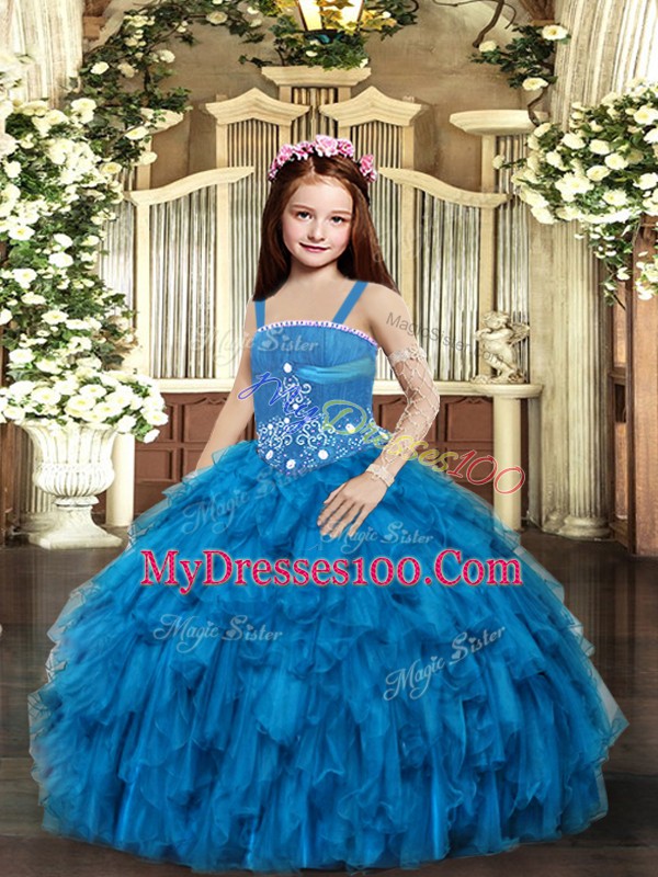 Blue Tulle Lace Up Kids Pageant Dress Sleeveless Floor Length Beading
