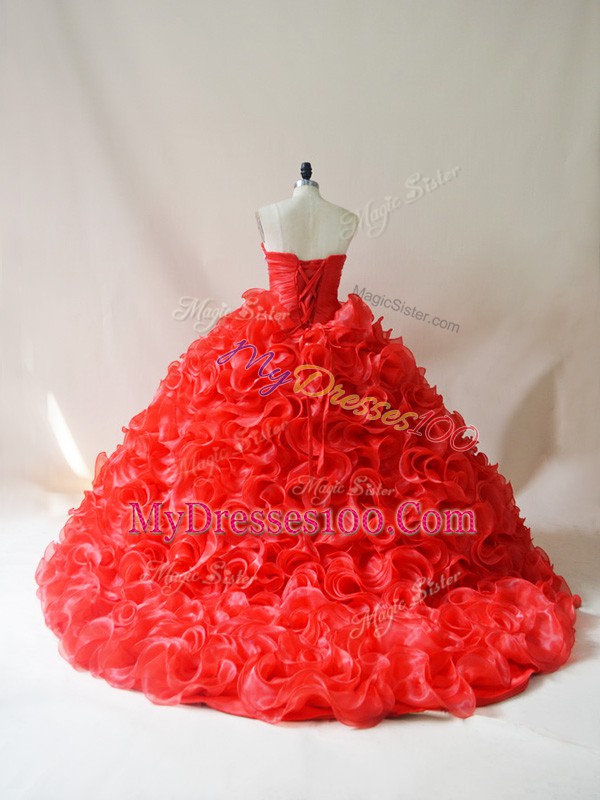 Beautiful Sweetheart Sleeveless Court Train Lace Up Vestidos de Quinceanera Red Fabric With Rolling Flowers