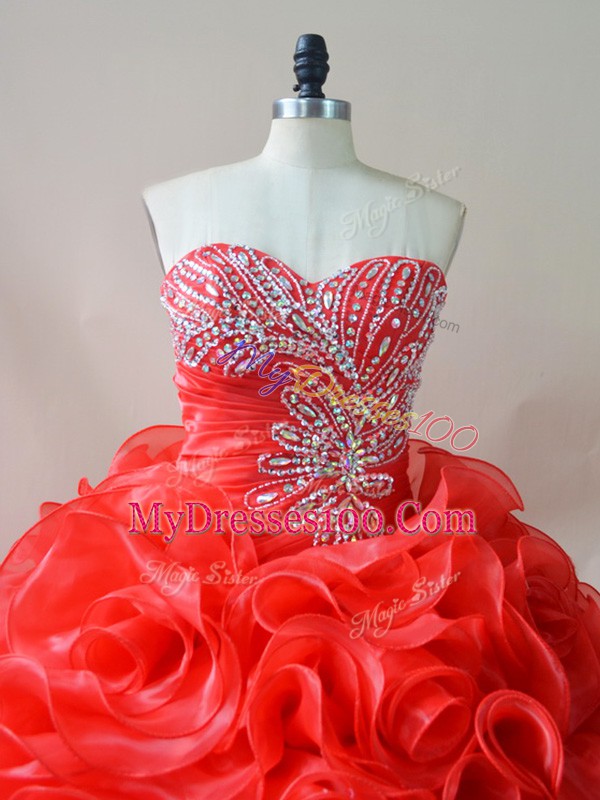 Beautiful Sweetheart Sleeveless Court Train Lace Up Vestidos de Quinceanera Red Fabric With Rolling Flowers