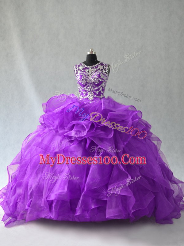 Best Selling Purple Sleeveless Organza Lace Up Ball Gown Prom Dress for Sweet 16 and Quinceanera