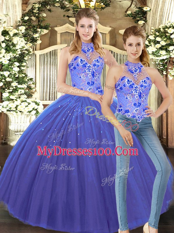 Delicate Blue Quinceanera Dress Sweet 16 and Quinceanera with Embroidery Halter Top Sleeveless Lace Up