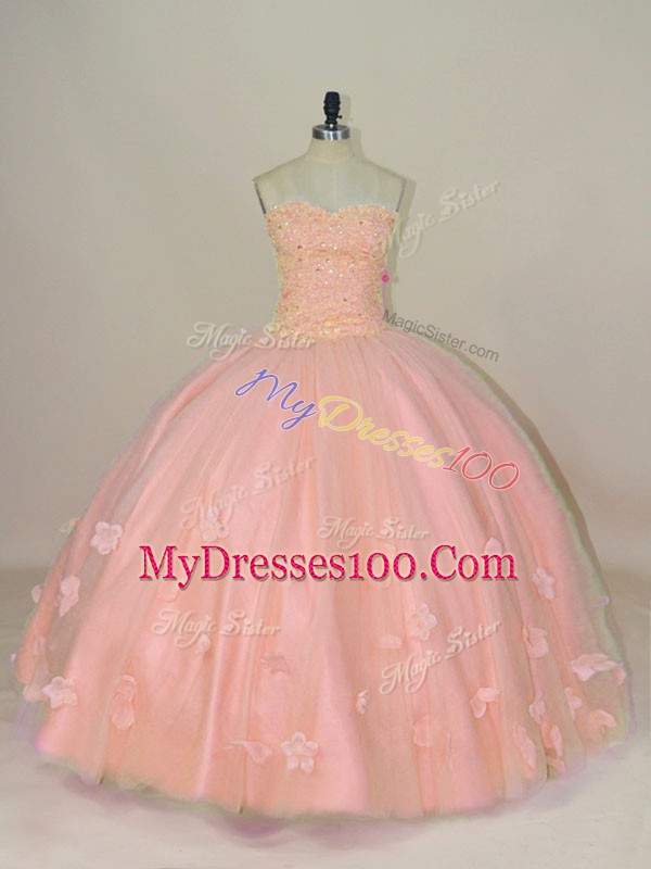 Floor Length Pink Ball Gown Prom Dress Tulle Sleeveless Hand Made Flower