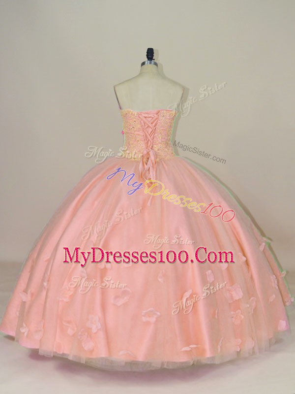 Floor Length Pink Ball Gown Prom Dress Tulle Sleeveless Hand Made Flower