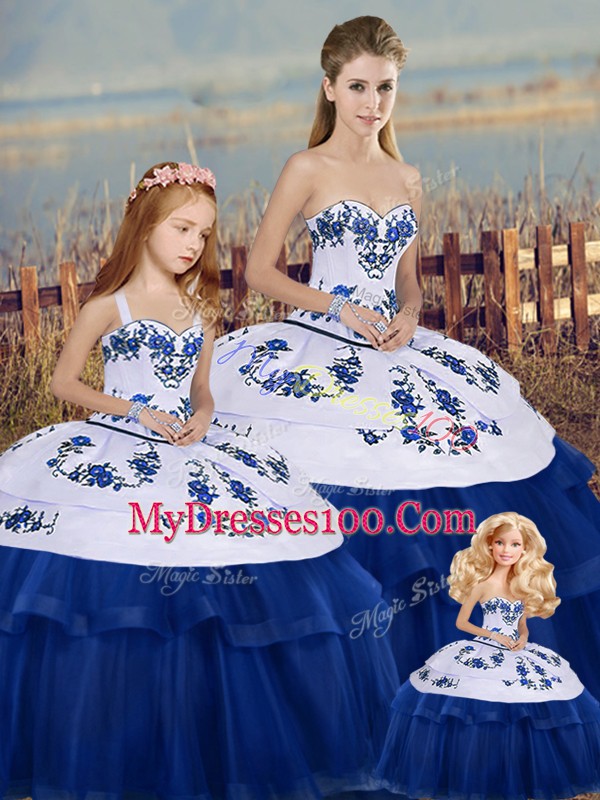 Clearance Royal Blue Tulle Lace Up Sweetheart Sleeveless Floor Length 15 Quinceanera Dress Embroidery and Bowknot