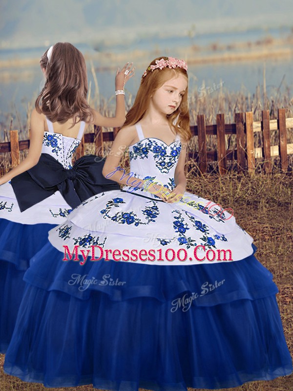 Clearance Royal Blue Tulle Lace Up Sweetheart Sleeveless Floor Length 15 Quinceanera Dress Embroidery and Bowknot