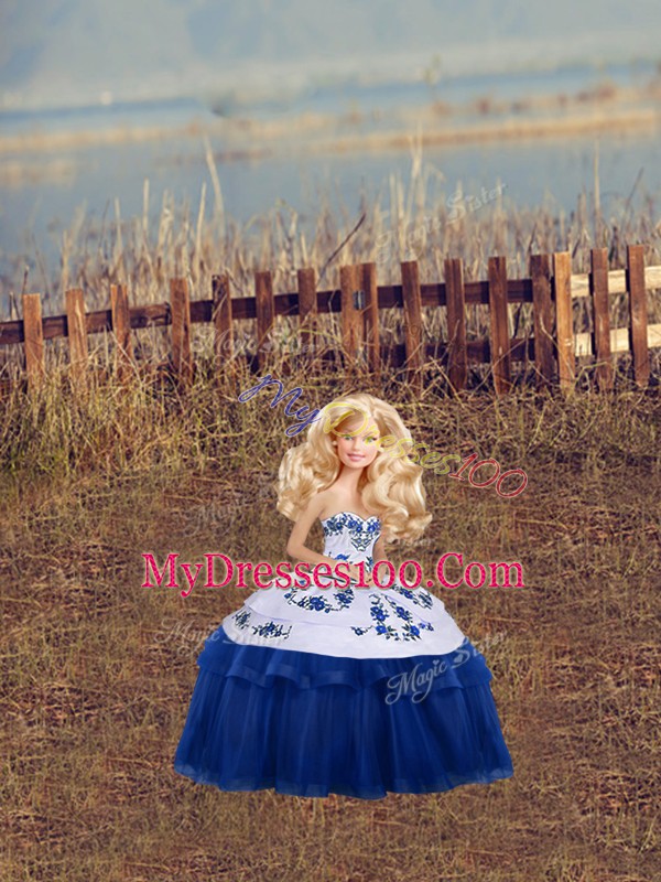 Clearance Royal Blue Tulle Lace Up Sweetheart Sleeveless Floor Length 15 Quinceanera Dress Embroidery and Bowknot