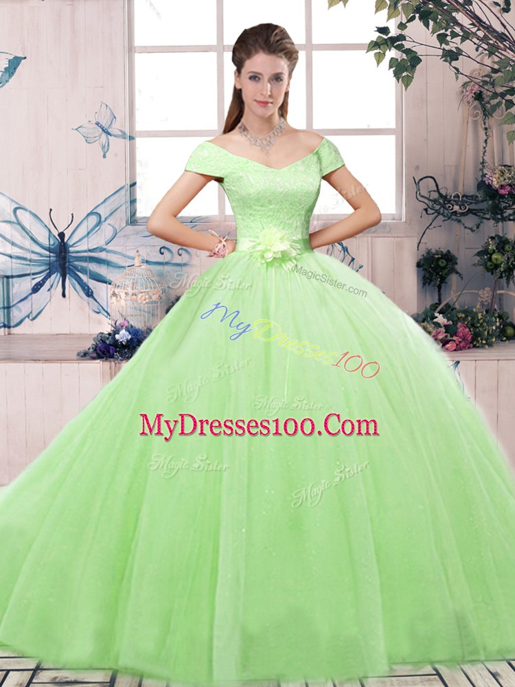 Nice Lace and Hand Made Flower Quinceanera Dress Lace Up Short Sleeves Floor Length