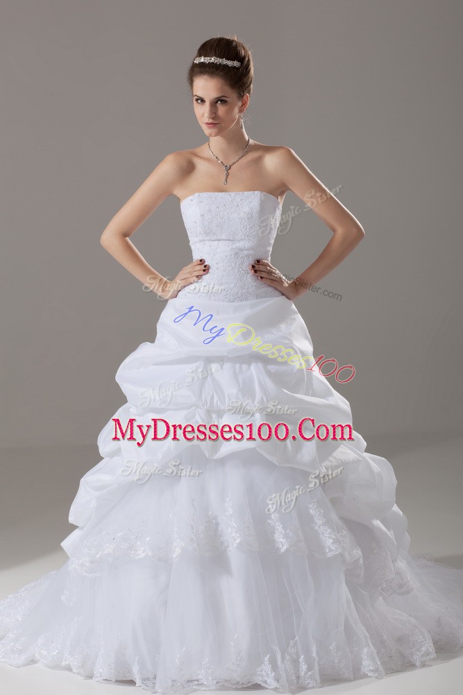 Smart White A-line Taffeta and Tulle Strapless Sleeveless Lace and Pick Ups Lace Up Wedding Gowns Brush Train