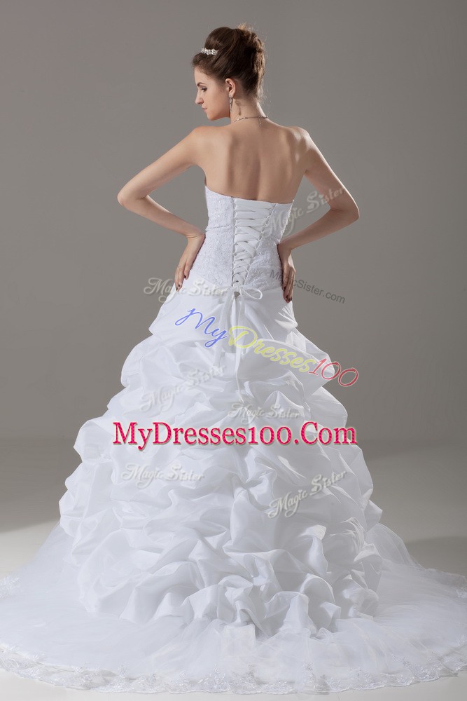 Smart White A-line Taffeta and Tulle Strapless Sleeveless Lace and Pick Ups Lace Up Wedding Gowns Brush Train