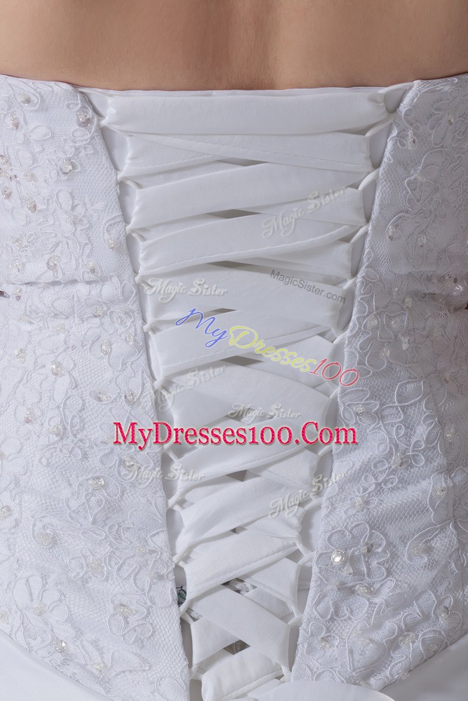Smart White A-line Taffeta and Tulle Strapless Sleeveless Lace and Pick Ups Lace Up Wedding Gowns Brush Train