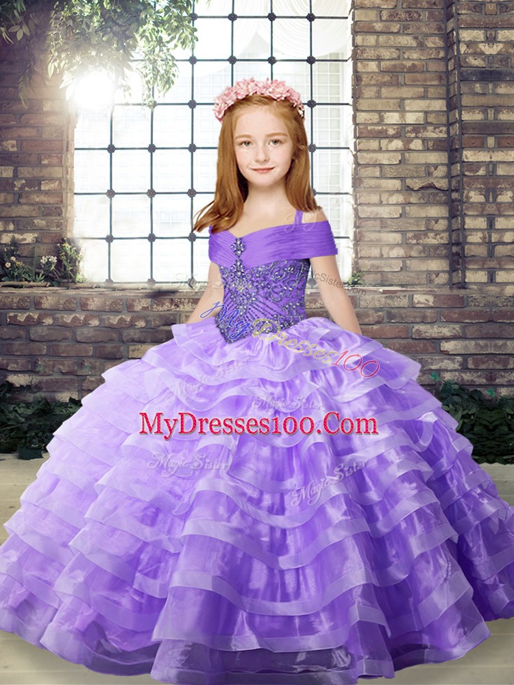 Trendy Straps Sleeveless Brush Train Lace Up Little Girls Pageant Dress Wholesale Lavender Organza