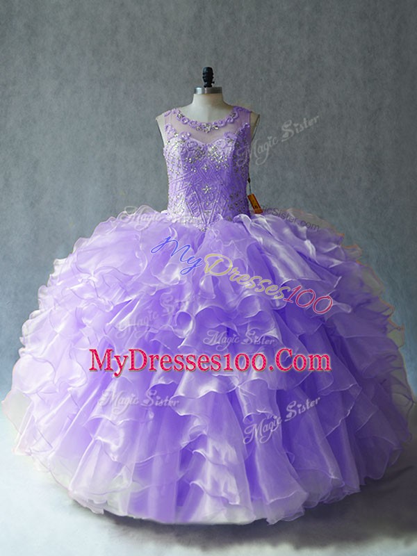 Floor Length Lace Up Quinceanera Gowns Lavender for Sweet 16 and Quinceanera with Beading and Ruffles