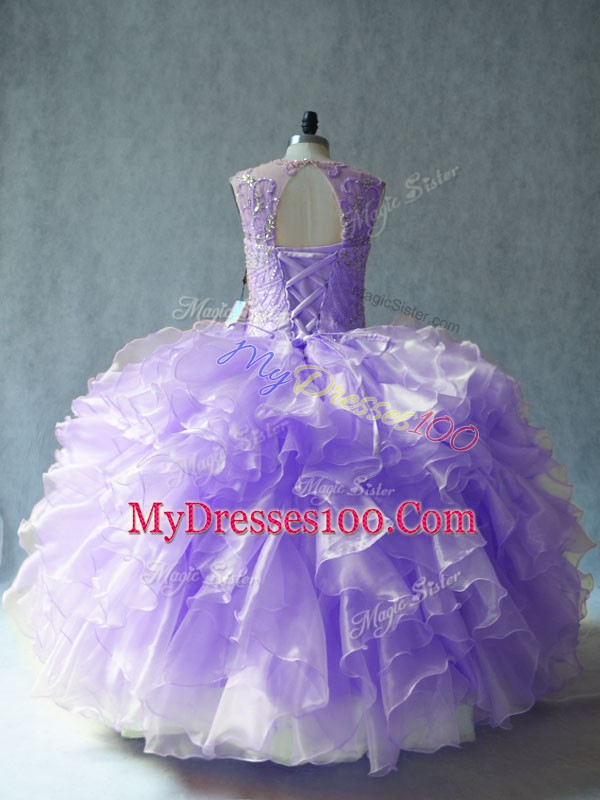 Floor Length Lace Up Quinceanera Gowns Lavender for Sweet 16 and Quinceanera with Beading and Ruffles