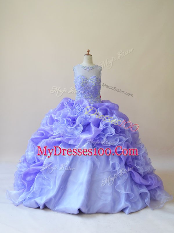 Classical Brush Train Ball Gowns 15th Birthday Dress Lavender Scoop Organza Sleeveless Zipper