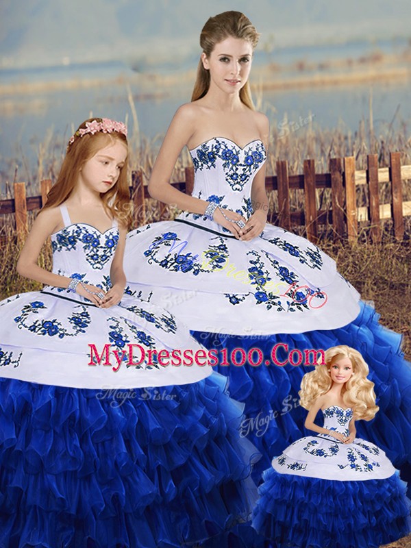 Enchanting Royal Blue Lace Up Sweetheart Embroidery and Ruffled Layers and Bowknot 15 Quinceanera Dress Organza Sleeveless