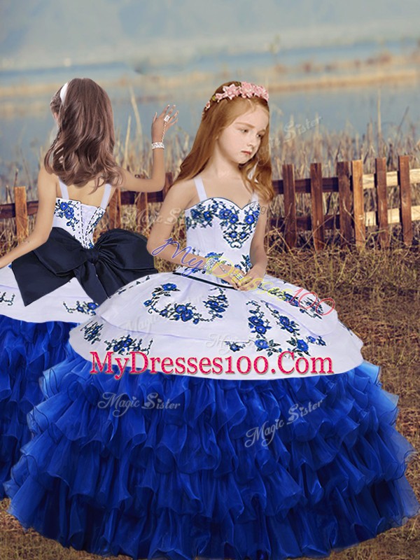 Enchanting Royal Blue Lace Up Sweetheart Embroidery and Ruffled Layers and Bowknot 15 Quinceanera Dress Organza Sleeveless