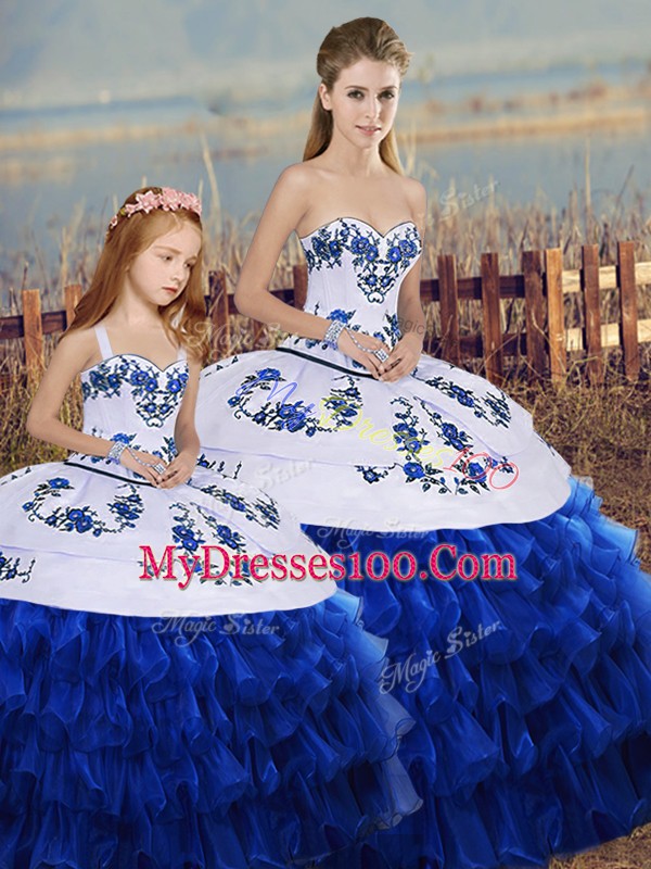 Enchanting Royal Blue Lace Up Sweetheart Embroidery and Ruffled Layers and Bowknot 15 Quinceanera Dress Organza Sleeveless