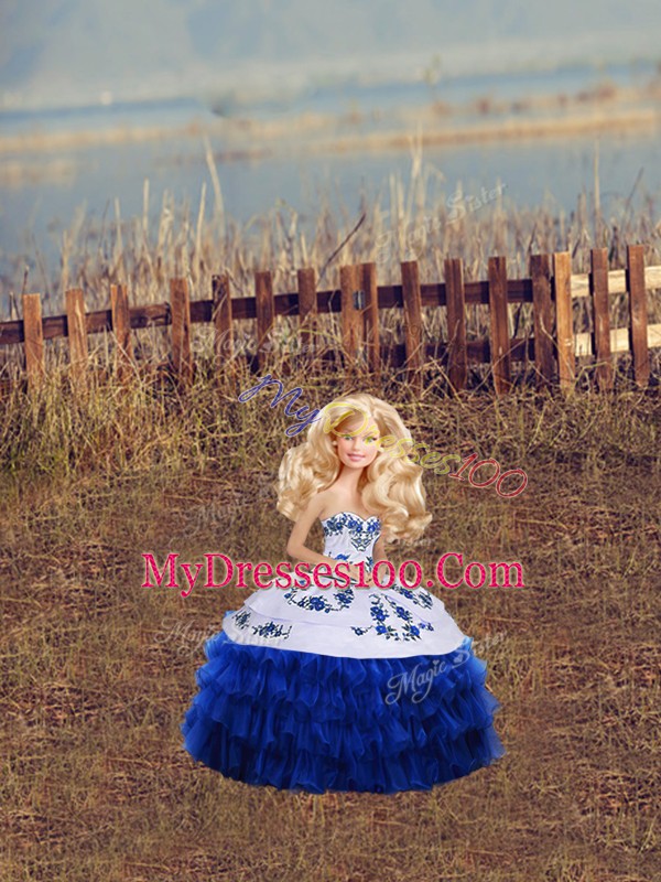 Enchanting Royal Blue Lace Up Sweetheart Embroidery and Ruffled Layers and Bowknot 15 Quinceanera Dress Organza Sleeveless