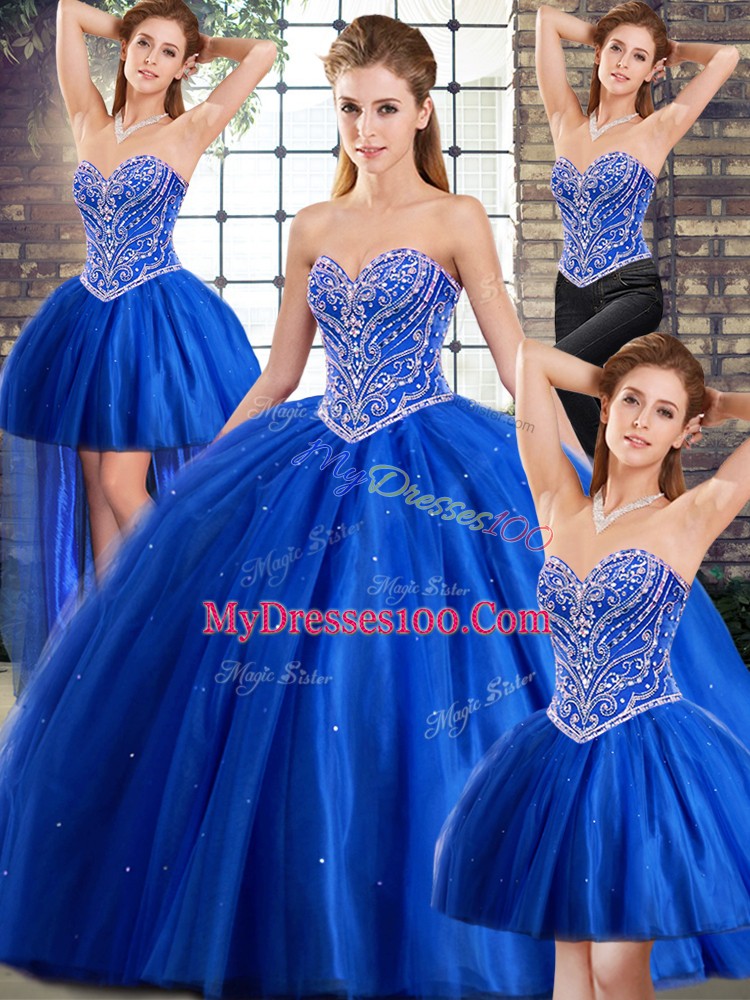 Cheap Brush Train Ball Gowns Quince Ball Gowns Blue Sweetheart Tulle Sleeveless Lace Up