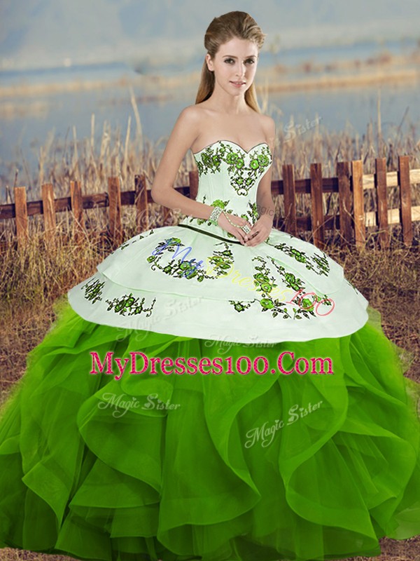 Captivating Green Ball Gowns Embroidery and Ruffles and Bowknot 15th Birthday Dress Lace Up Tulle Sleeveless Floor Length