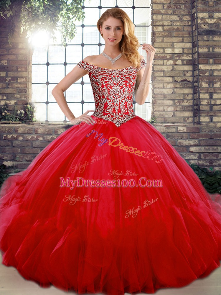 Tulle Off The Shoulder Sleeveless Lace Up Beading and Ruffles Sweet 16 Dresses in Red