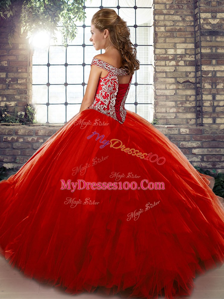 Tulle Off The Shoulder Sleeveless Lace Up Beading and Ruffles Sweet 16 Dresses in Red