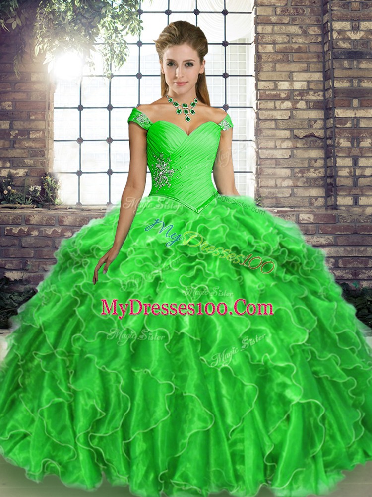 Green Organza Lace Up Quince Ball Gowns Sleeveless Brush Train Beading and Ruffles