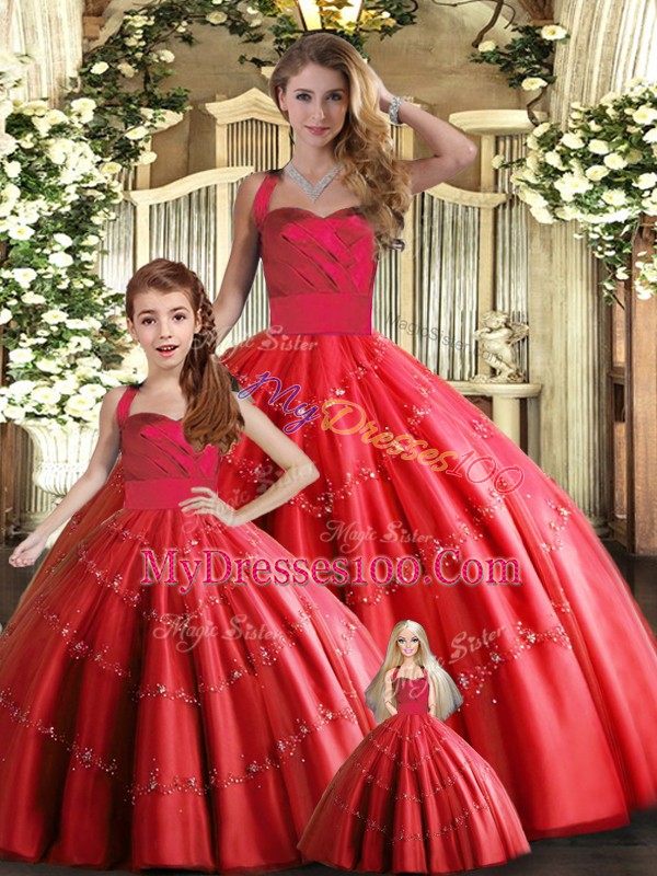 Fabulous Red Tulle Lace Up Quinceanera Dresses Sleeveless Floor Length Appliques
