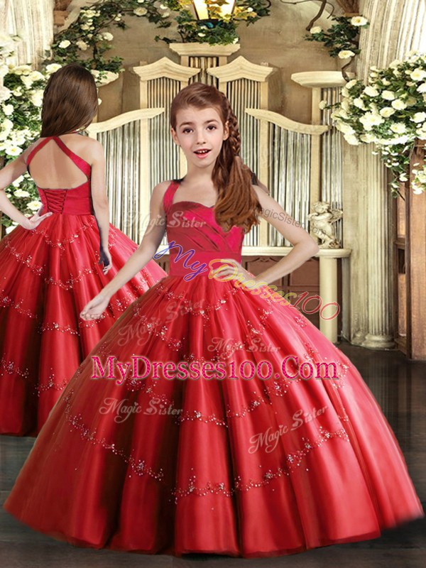 Fabulous Red Tulle Lace Up Quinceanera Dresses Sleeveless Floor Length Appliques