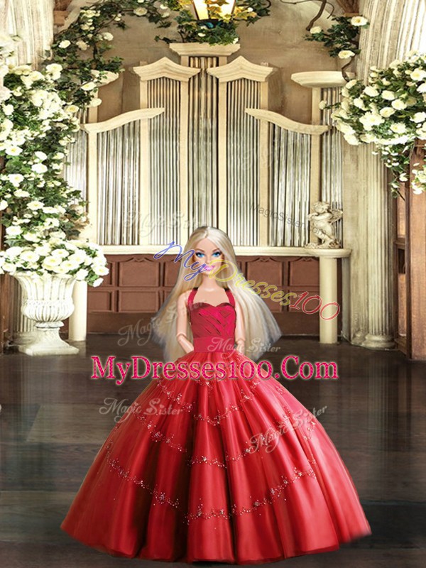 Fabulous Red Tulle Lace Up Quinceanera Dresses Sleeveless Floor Length Appliques