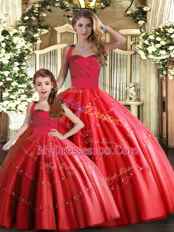 Fabulous Red Tulle Lace Up Quinceanera Dresses Sleeveless Floor Length Appliques