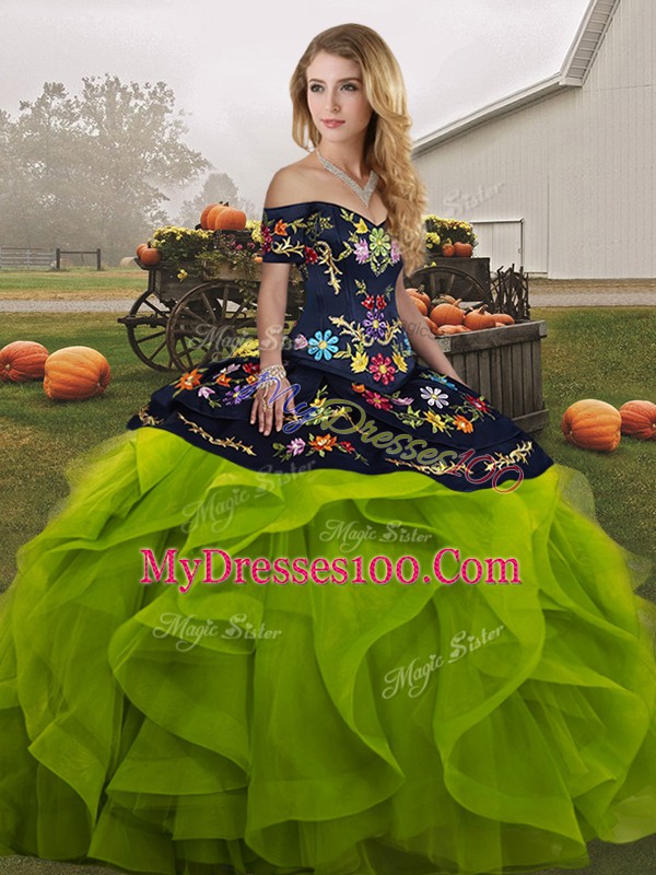 Elegant Off The Shoulder Sleeveless Tulle 15 Quinceanera Dress Embroidery and Ruffles Lace Up