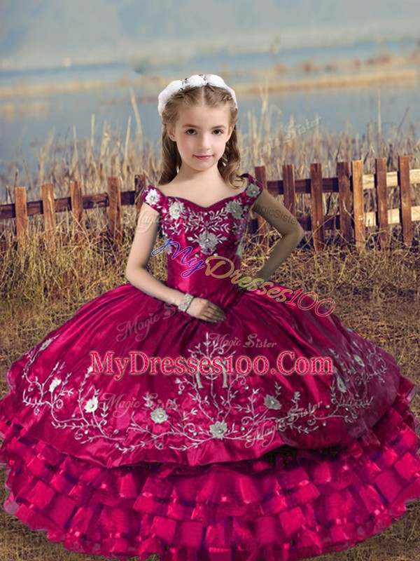 Custom Made Fuchsia Sleeveless Satin and Organza Lace Up Kids Pageant Dress for Wedding Party