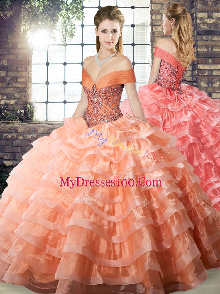 Peach Ball Gowns Organza Off The Shoulder Sleeveless Beading and Ruffled Layers Lace Up Ball Gown Prom Dress Brush Train