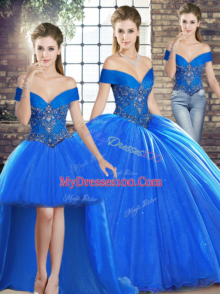 Royal Blue Sweet 16 Quinceanera Dress Organza Brush Train Sleeveless Beading
