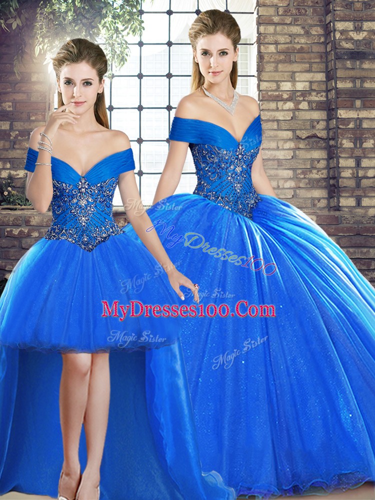 Royal Blue Sweet 16 Quinceanera Dress Organza Brush Train Sleeveless Beading