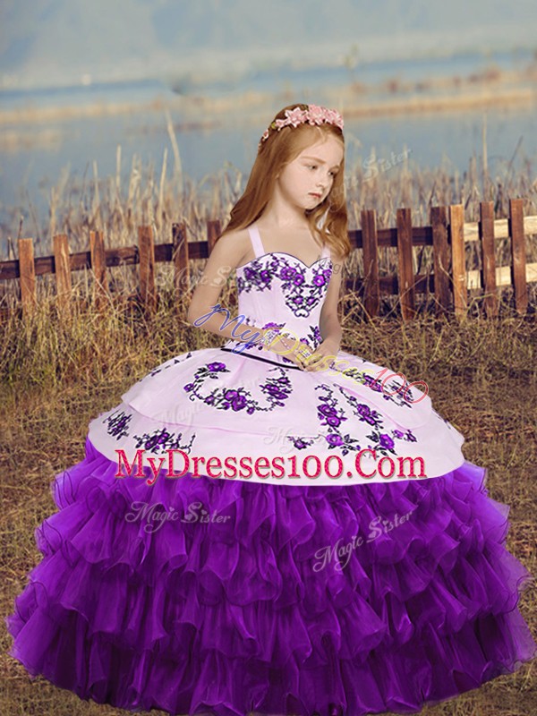 Gorgeous Sleeveless Floor Length Embroidery and Ruffled Layers Lace Up Little Girls Pageant Dress with Eggplant Purple