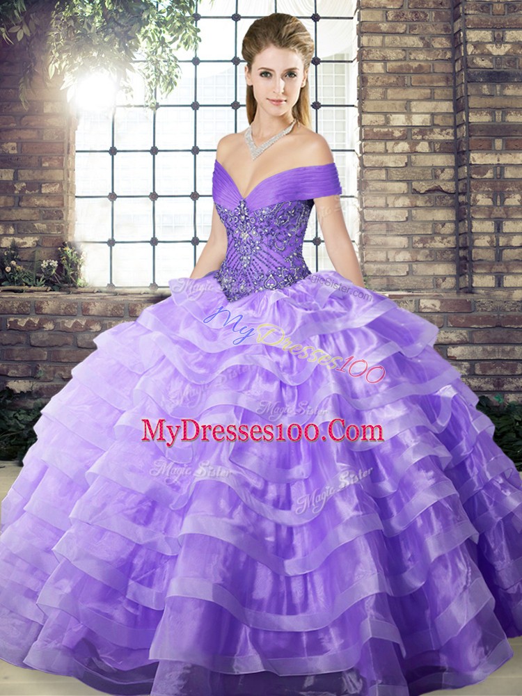 Off The Shoulder Sleeveless Brush Train Lace Up Sweet 16 Quinceanera Dress Lavender Organza