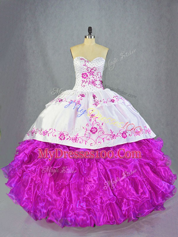 Sleeveless Beading and Embroidery and Ruffles Lace Up Sweet 16 Dresses with Fuchsia Brush Train