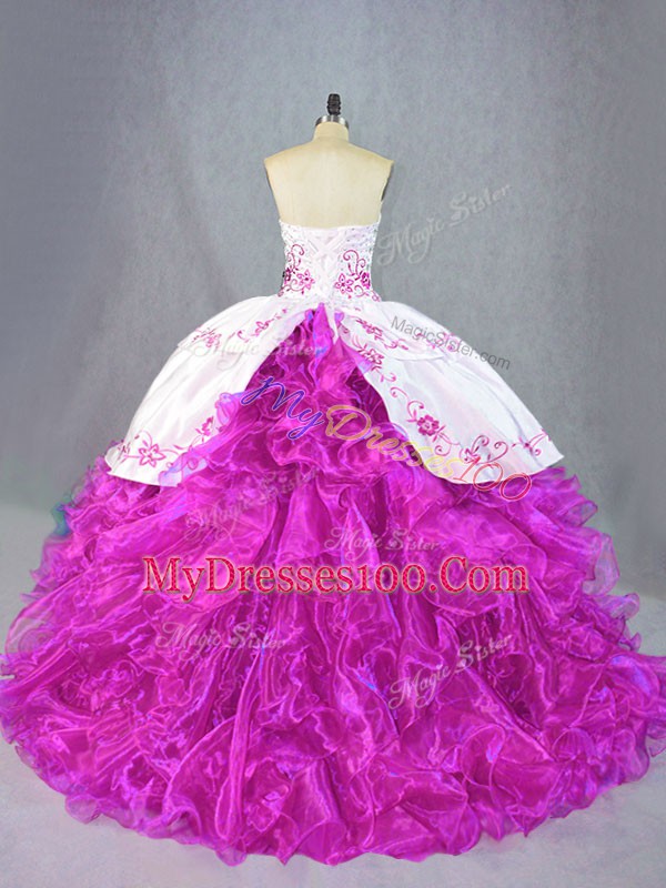 Sleeveless Beading and Embroidery and Ruffles Lace Up Sweet 16 Dresses with Fuchsia Brush Train