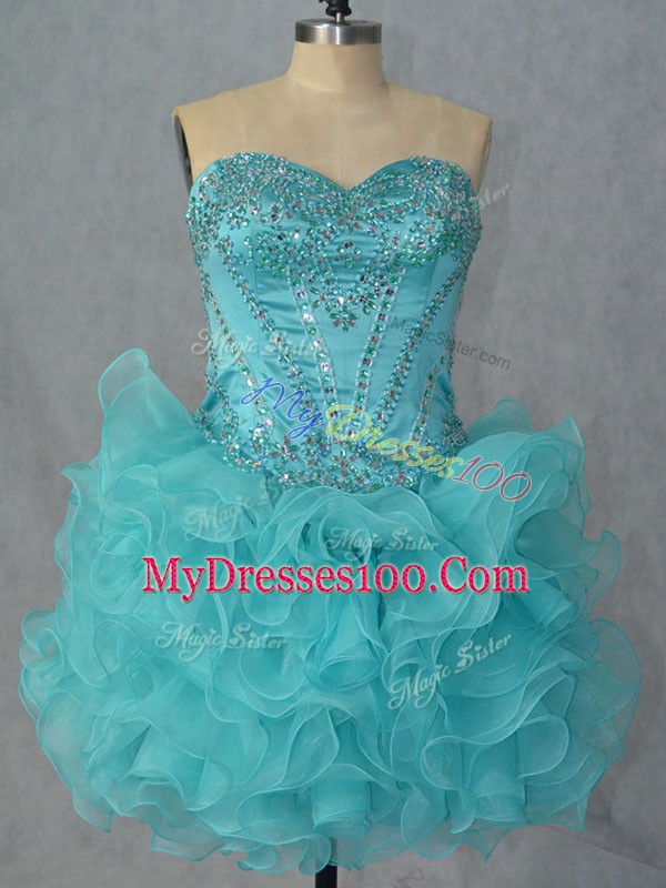 Fancy Mini Length Aqua Blue Prom Gown Organza Sleeveless Beading and Ruffles