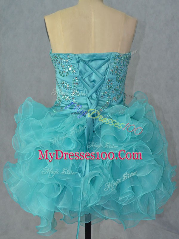 Fancy Mini Length Aqua Blue Prom Gown Organza Sleeveless Beading and Ruffles