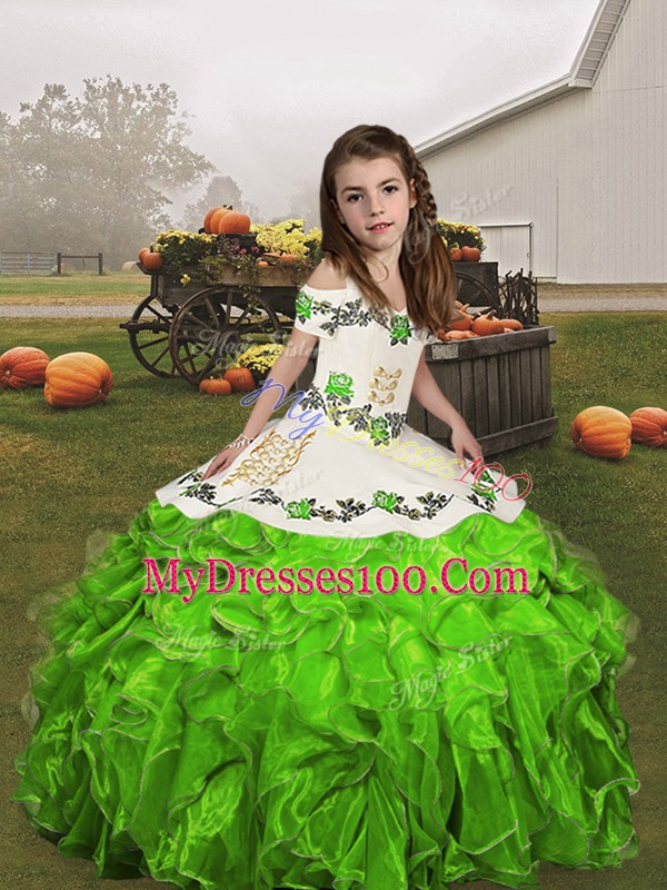 New Arrival Spaghetti Straps Sleeveless Little Girl Pageant Dress Floor Length Embroidery and Ruffles Organza