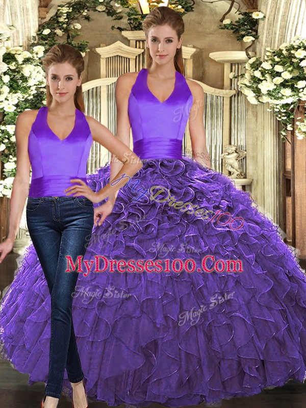 Sleeveless Floor Length Ruffles Lace Up Quinceanera Gowns with Purple