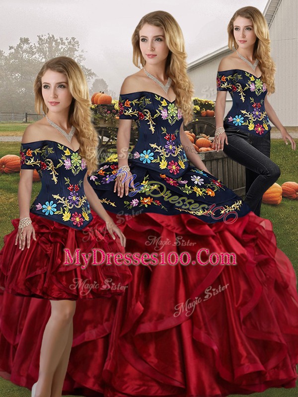 Red And Black Sleeveless Embroidery and Ruffles Floor Length Sweet 16 Dresses